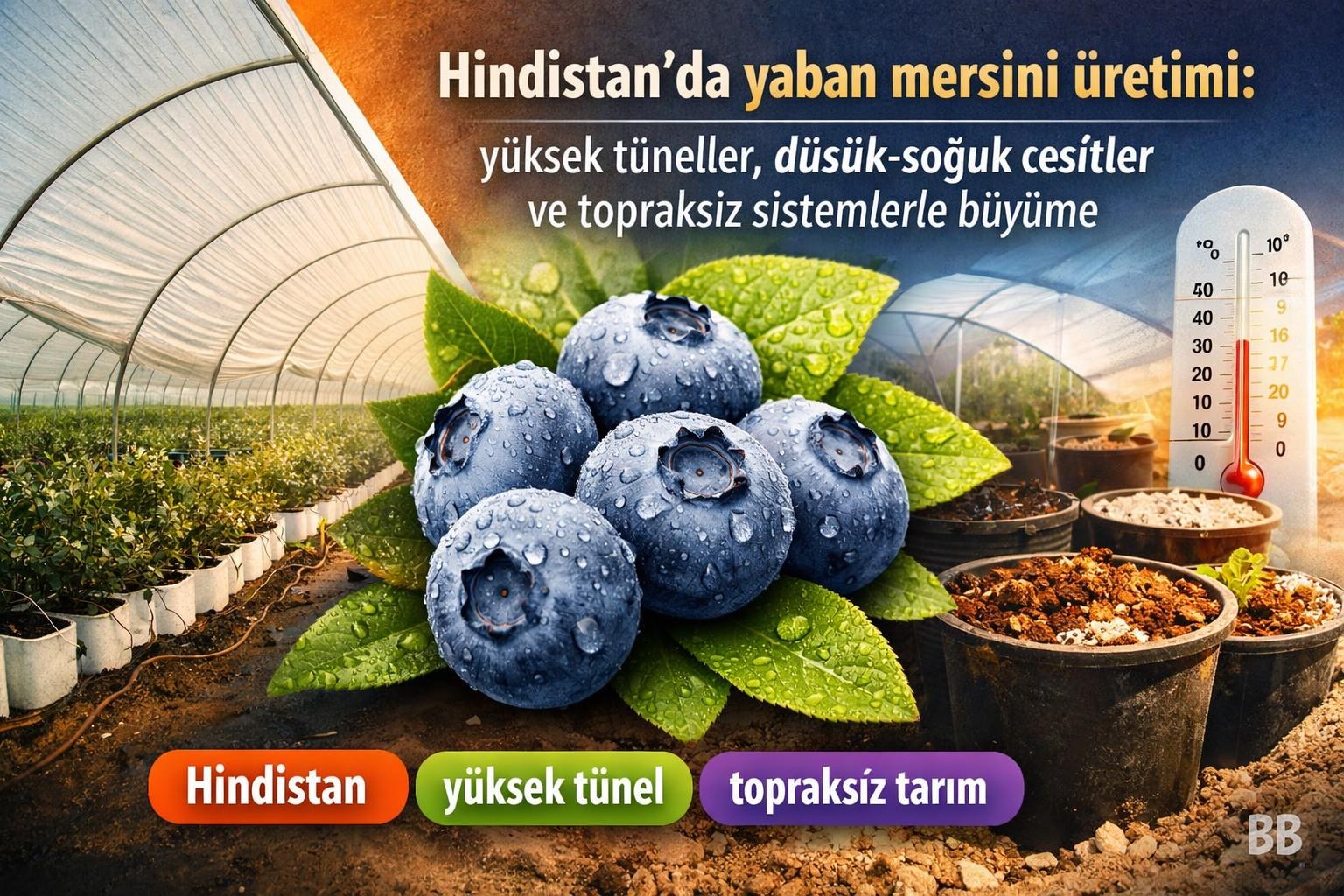 Hindistan’da yaban mersini üretimi: yüksek tüneller, düşük‑soğuk çeşitler ve topraksız sistemlerle büyüme görseli