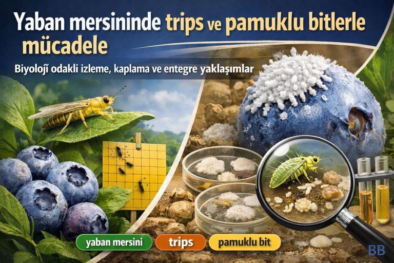 Yaban mersininde trips ve pamuklu bitlerle mücadele: biyoloji odaklı izleme, kaplama ve entegre yaklaşımlar görseli