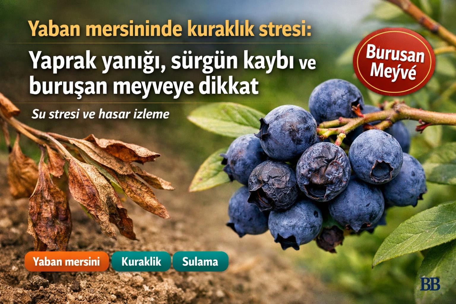 Yaban mersininde kuraklık stresi: Yaprak yanığı, sürgün kaybı ve buruşan meyveye dikkat görseli