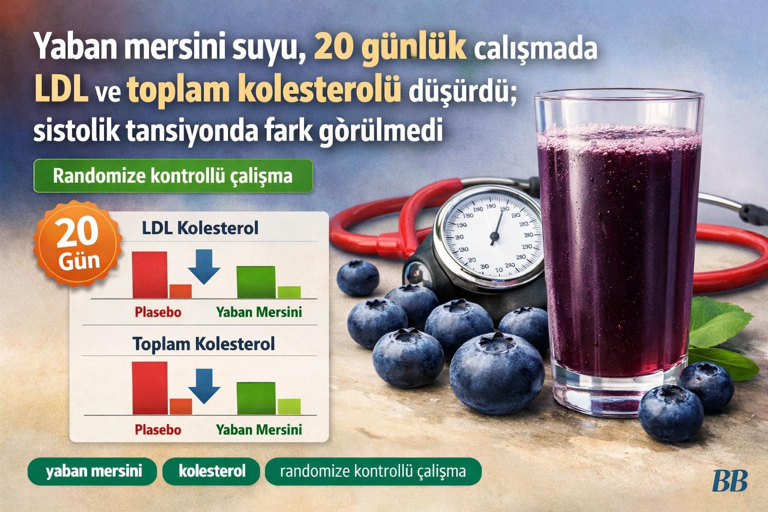 Yaban mersini suyu, 20 günlük çalışmada LDL ve toplam kolesterolü düşürdü; sistolik tansiyonda fark görülmedi görseli